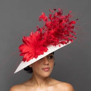 White Saucer Hat with Red Feather Floral Detail